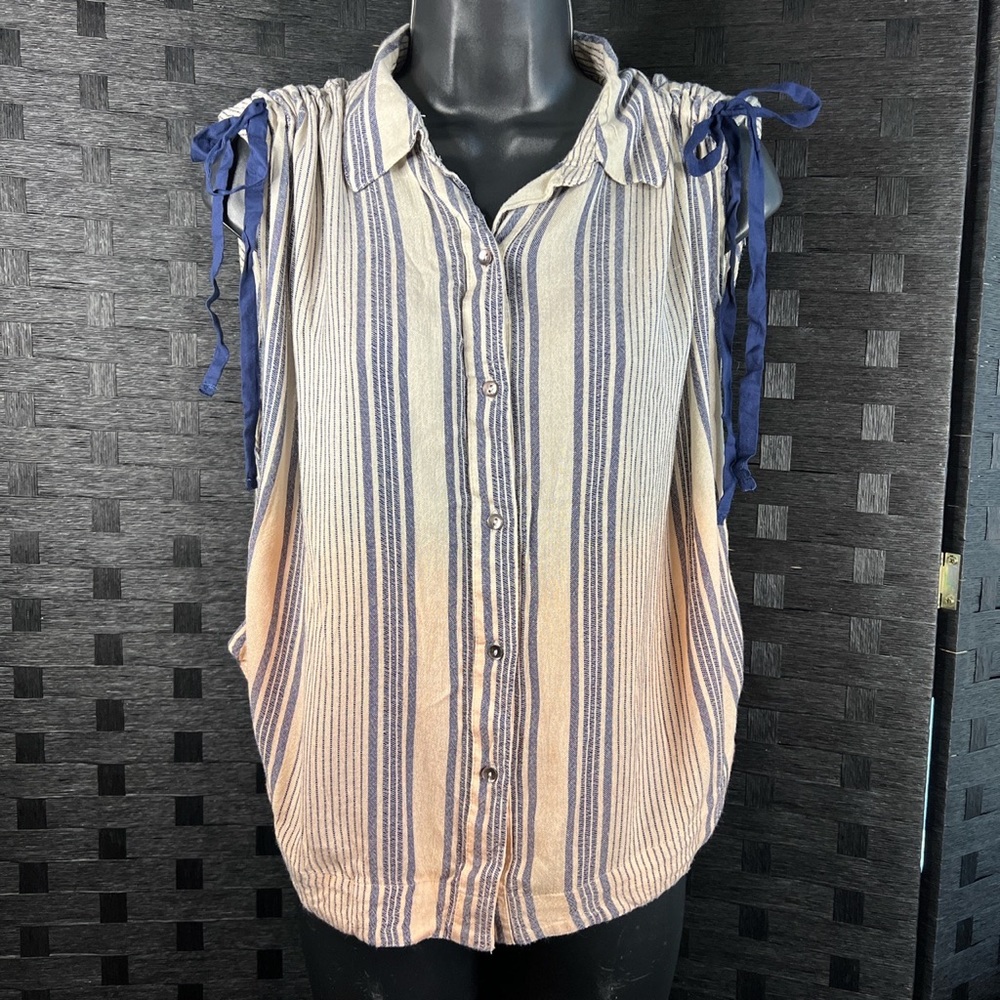Free People Striped Button Front Sleeveless Top in Navy and Cream